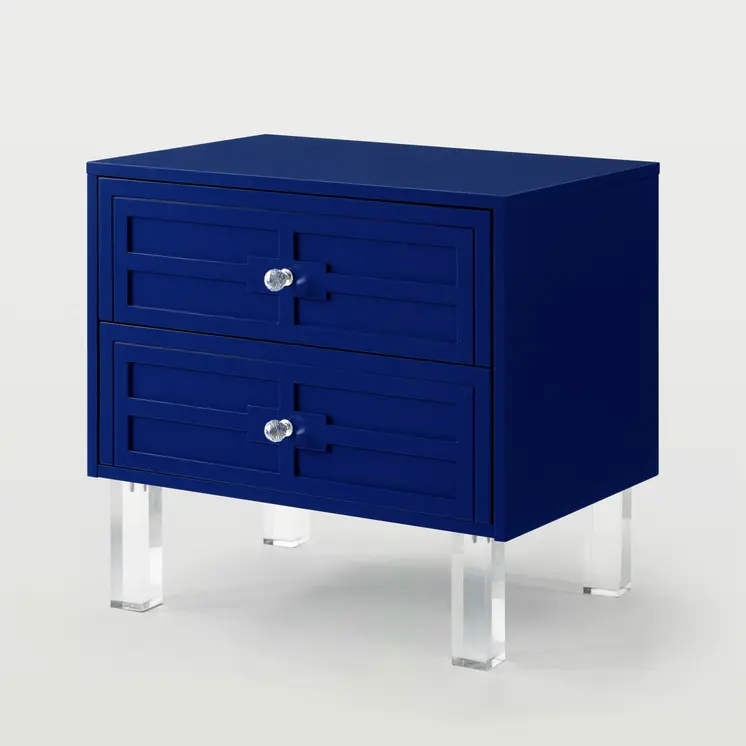 24" Navy Blue And Clear Wood And Acrylic End Table With Two Drawers