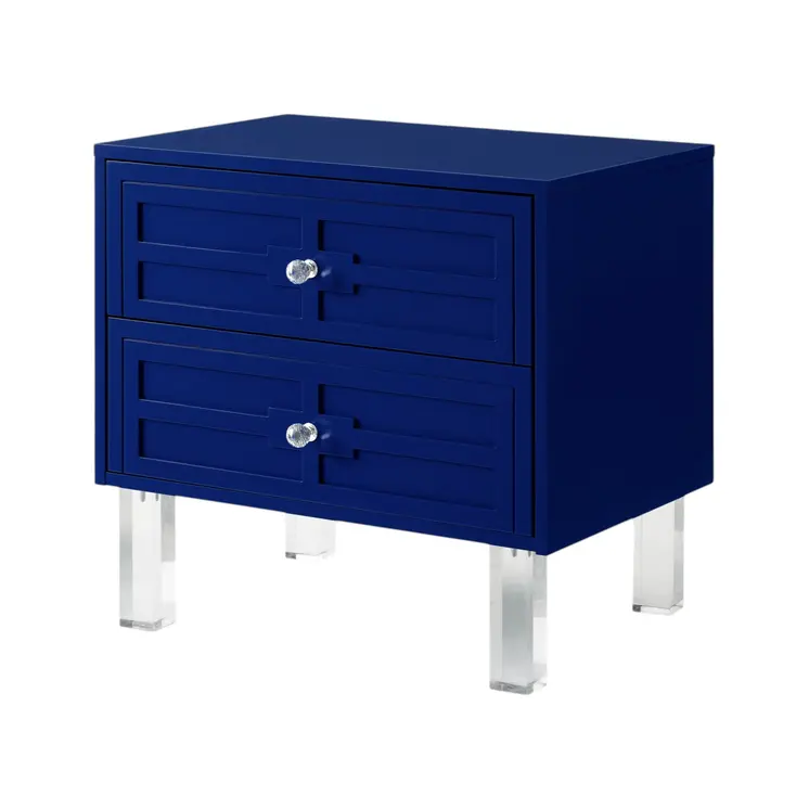 24" Navy Blue And Clear Wood And Acrylic End Table With Two Drawers