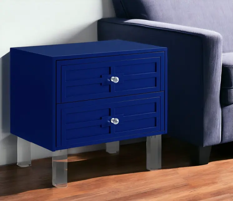 24" Navy Blue And Clear Wood And Acrylic End Table With Two Drawers