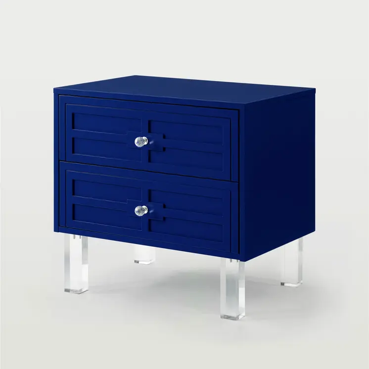 24" Navy Blue And Clear Wood And Acrylic End Table With Two Drawers