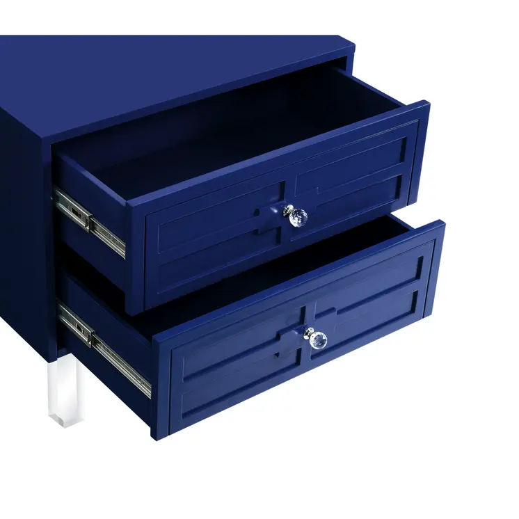 24" Navy Blue And Clear Wood And Acrylic End Table With Two Drawers