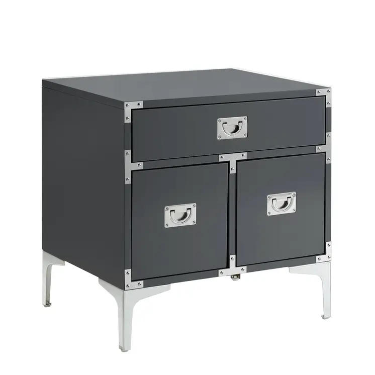 24" Dark Gray And Silver Wood And Metal End Table With Drawer