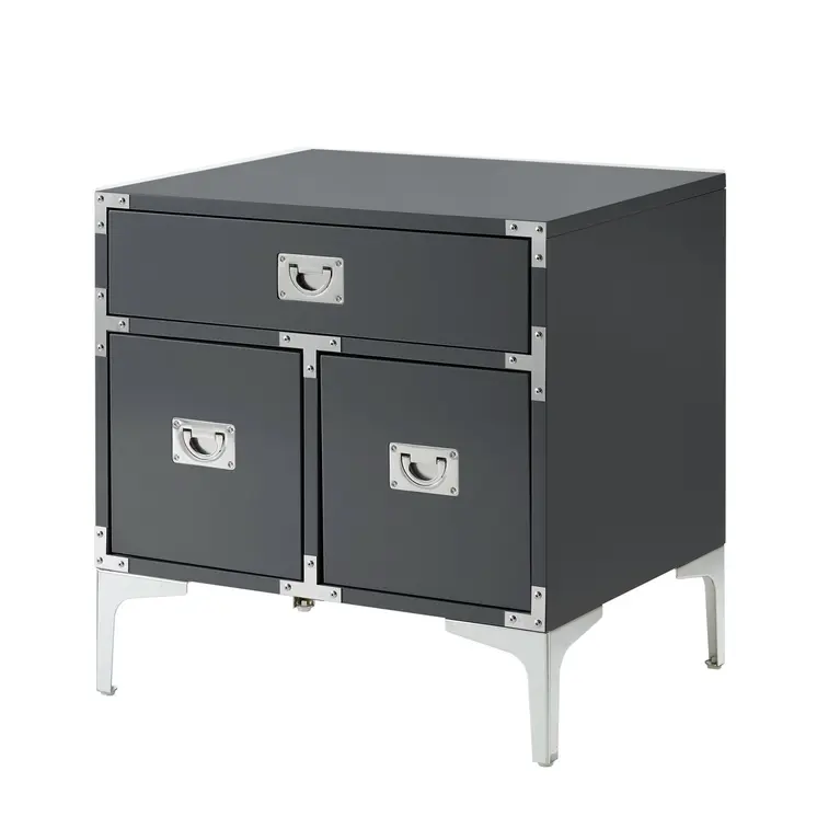 24" Dark Gray And Silver Wood And Metal End Table With Drawer