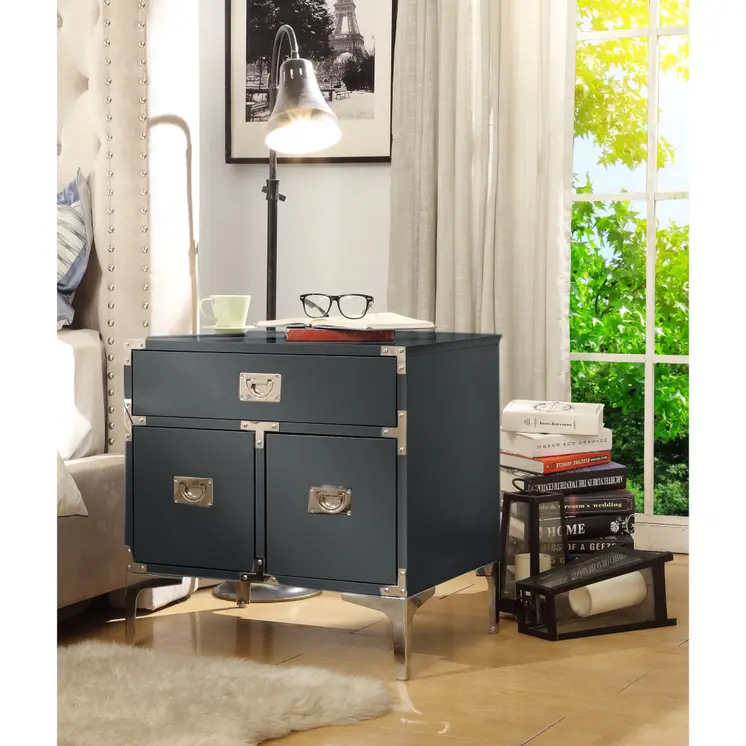 24" Dark Gray And Silver Wood And Metal End Table With Drawer