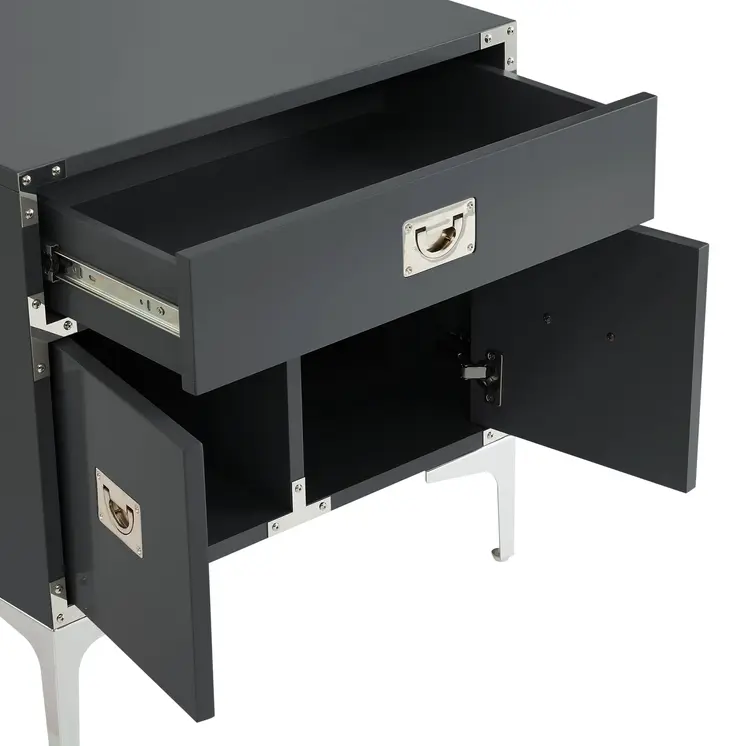 24" Dark Gray And Silver Wood And Metal End Table With Drawer