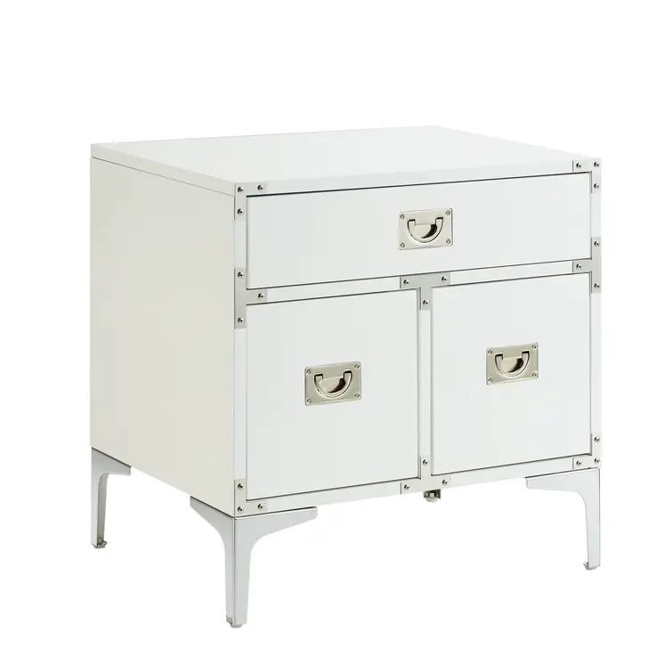 24" White and Silver Wood and Metal End Table With Drawer And Shelf