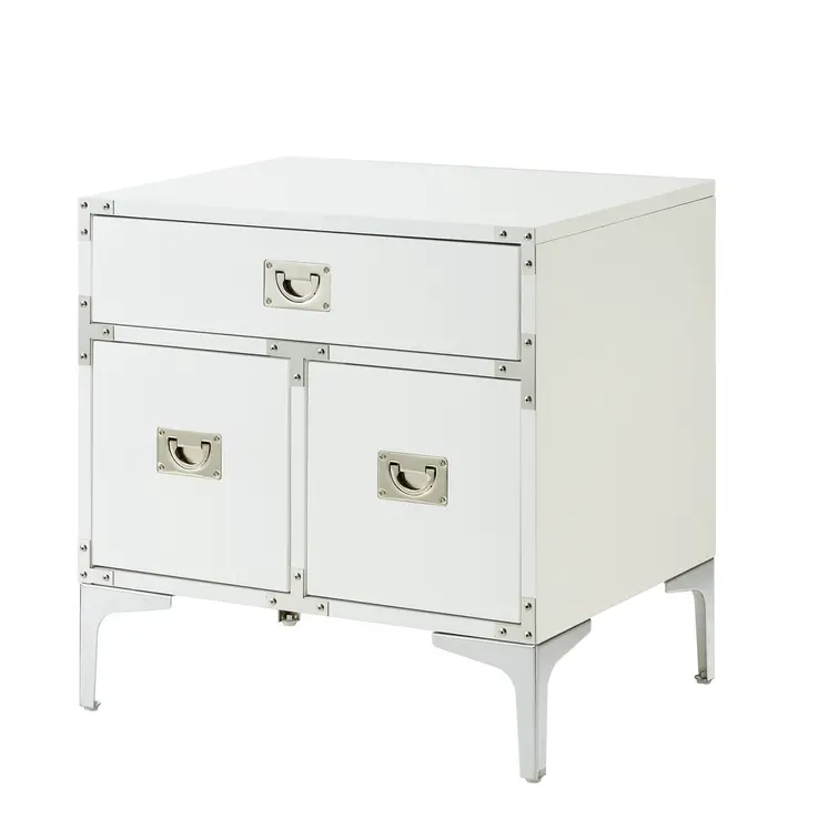 24" White and Silver Wood and Metal End Table With Drawer And Shelf