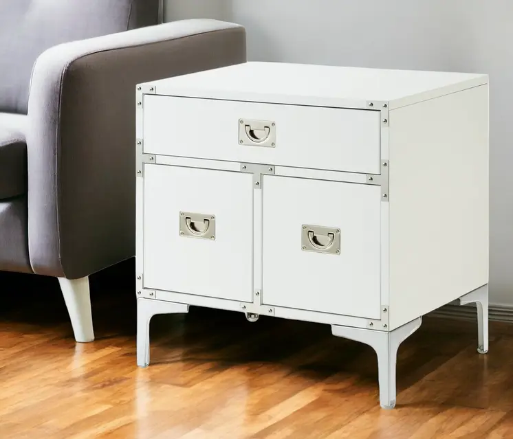 24" White and Silver Wood and Metal End Table With Drawer And Shelf