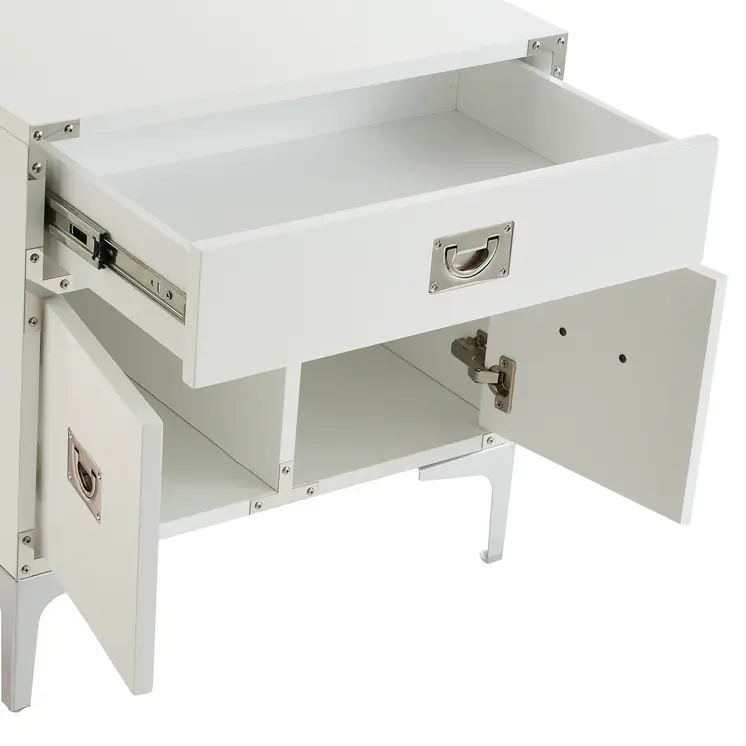 24" White and Silver Wood and Metal End Table With Drawer And Shelf