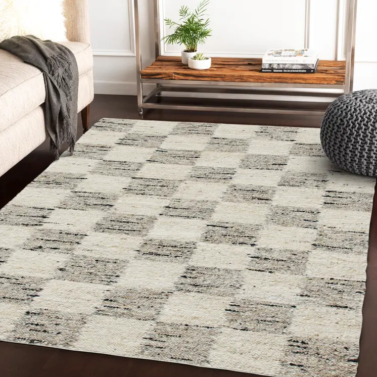 9' X 12' Beige Wool Checkered Hand Woven Area Rug