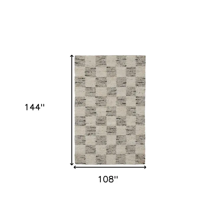 9' X 12' Beige Wool Checkered Hand Woven Area Rug