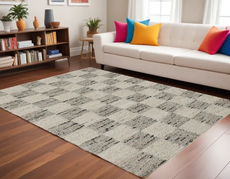 9' X 12' Beige Wool Checkered Hand Woven Area Rug