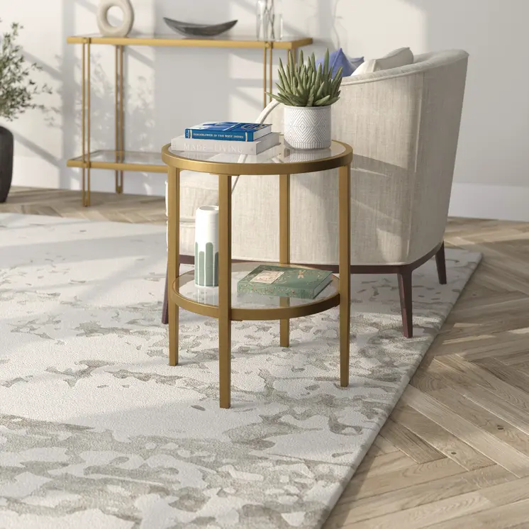 24" Antiqued Brass And Clear Glass And Steel Round End Table With Shelf