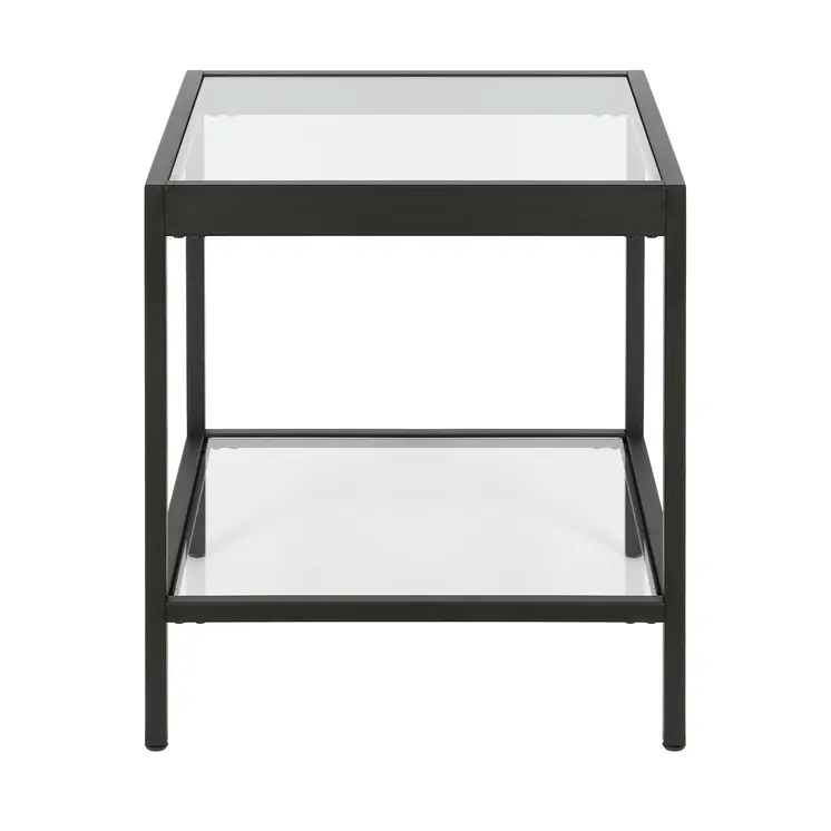 22" Black And Clear Glass And Steel Square End Table With Shelf
