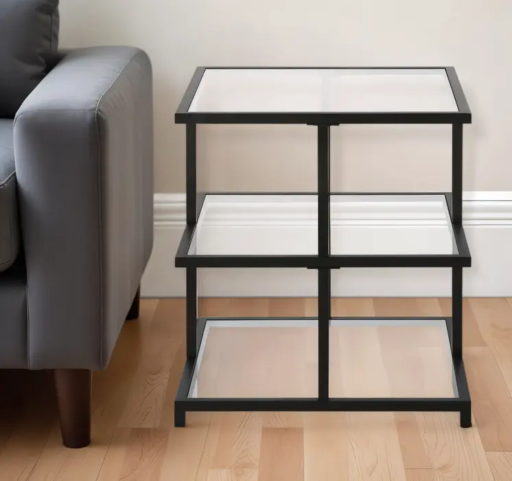 24" Black And Clear Glass And Steel Square End Table With Two Shelves