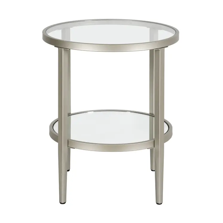24" Nickel And Clear Glass And Steel Round Mirrored End Table With Shelf