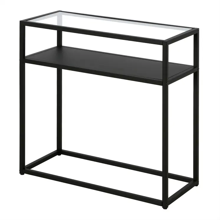 24" Black And Clear Glass And Steel End Table With Shelf