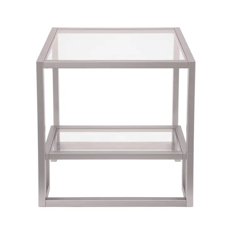 22" Nickel And Clear Glass And Steel Square End Table With Shelf