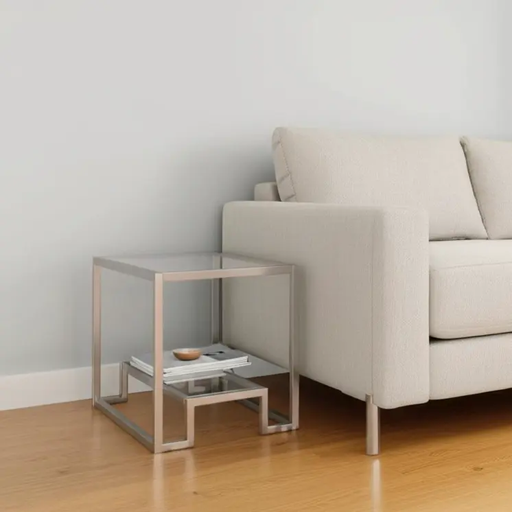 22" Nickel And Clear Glass And Steel Square End Table With Shelf