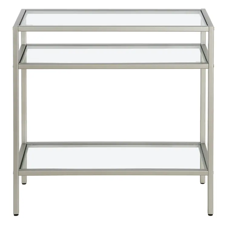 24" Nickel And Clear Glass And Steel End Table With Two Shelves