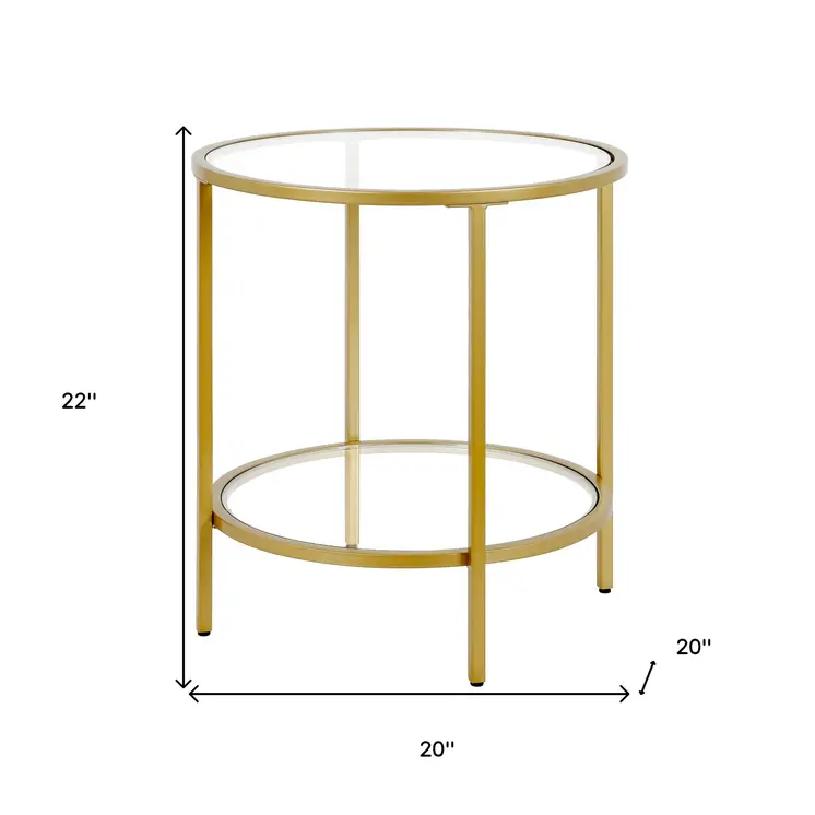 22" Brass And Clear Glass And Steel Round End Table With Shelf
