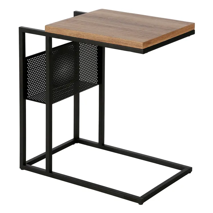 22" Brown and Black Wood and Steel End Table With Magazine Holder