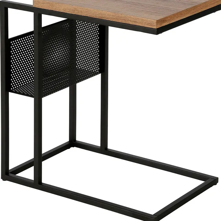 22" Brown and Black Wood and Steel End Table With Magazine Holder