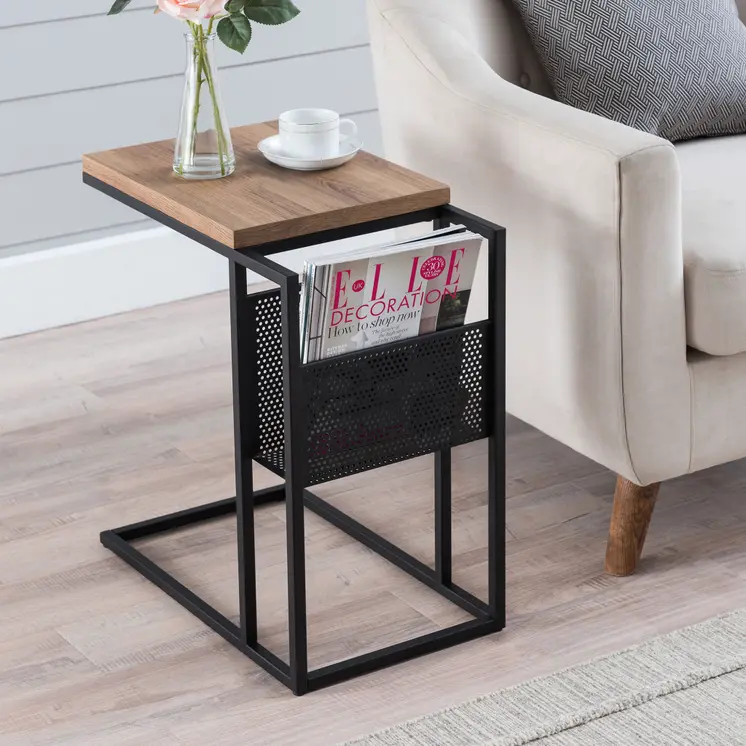 22" Brown and Black Wood and Steel End Table With Magazine Holder