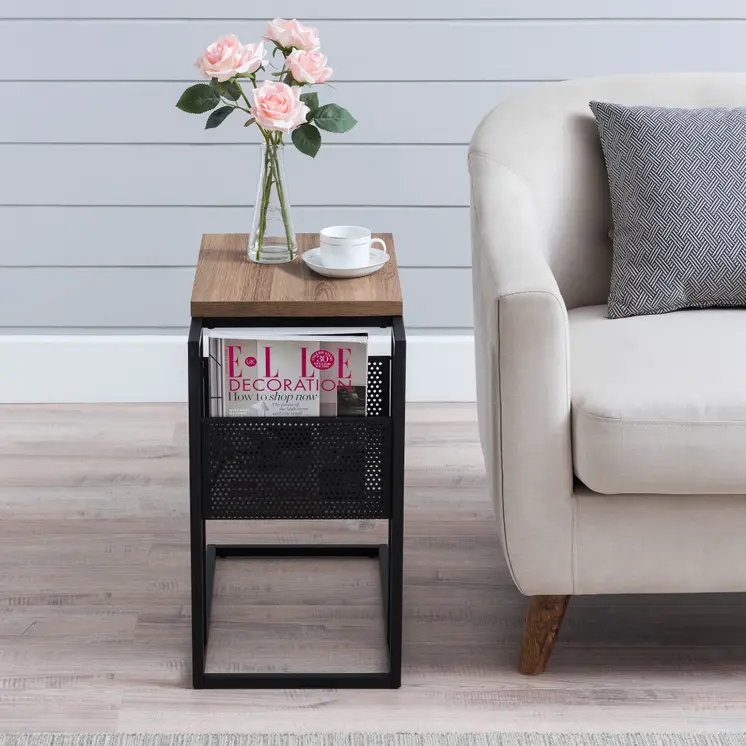 22" Brown and Black Wood and Steel End Table With Magazine Holder