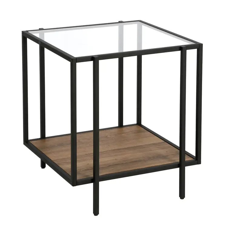 22" Clear Black and Brown Tempered Glass Wood and Metal Square Frame End Table With Shelf