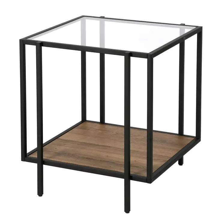 22" Clear Black and Brown Tempered Glass Wood and Metal Square Frame End Table With Shelf