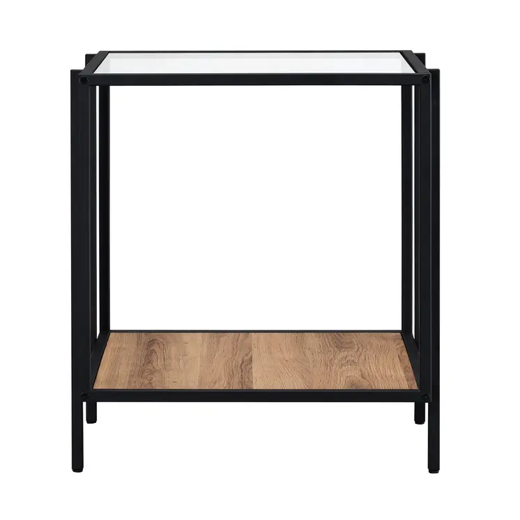 22" Clear Black and Brown Tempered Glass Wood and Metal Square Frame End Table With Shelf