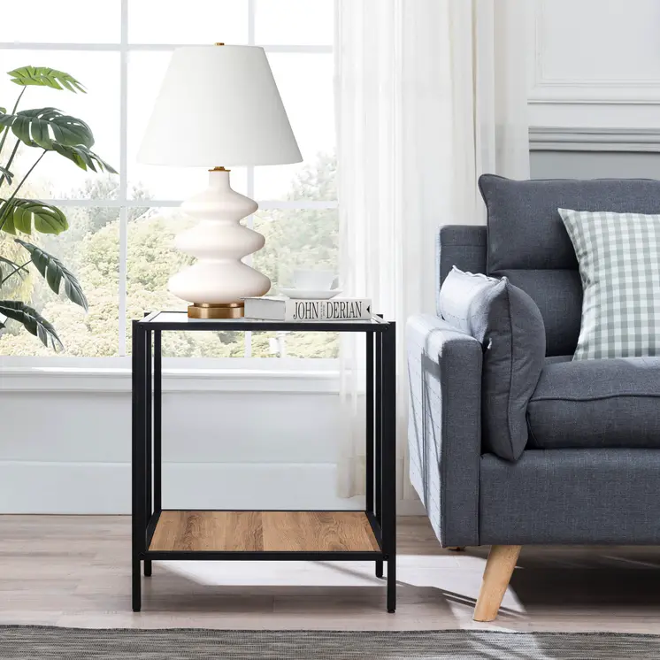 22" Clear Black and Brown Tempered Glass Wood and Metal Square Frame End Table With Shelf