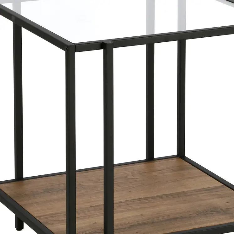 22" Clear Black and Brown Tempered Glass Wood and Metal Square Frame End Table With Shelf