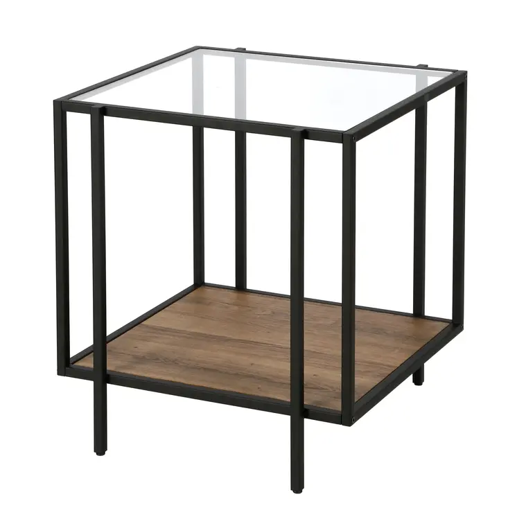22" Clear Black and Brown Tempered Glass Wood and Metal Square Frame End Table With Shelf