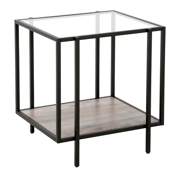 22" Clear Black and Gray Tempered Glass Wood and Metal Square Frame End Table With Shelf
