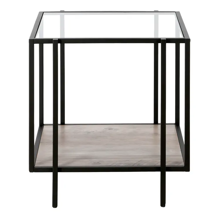 22" Clear Black and Gray Tempered Glass Wood and Metal Square Frame End Table With Shelf