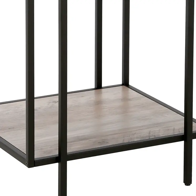 22" Clear Black and Gray Tempered Glass Wood and Metal Square Frame End Table With Shelf