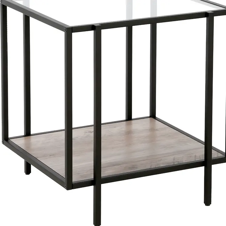 22" Clear Black and Gray Tempered Glass Wood and Metal Square Frame End Table With Shelf