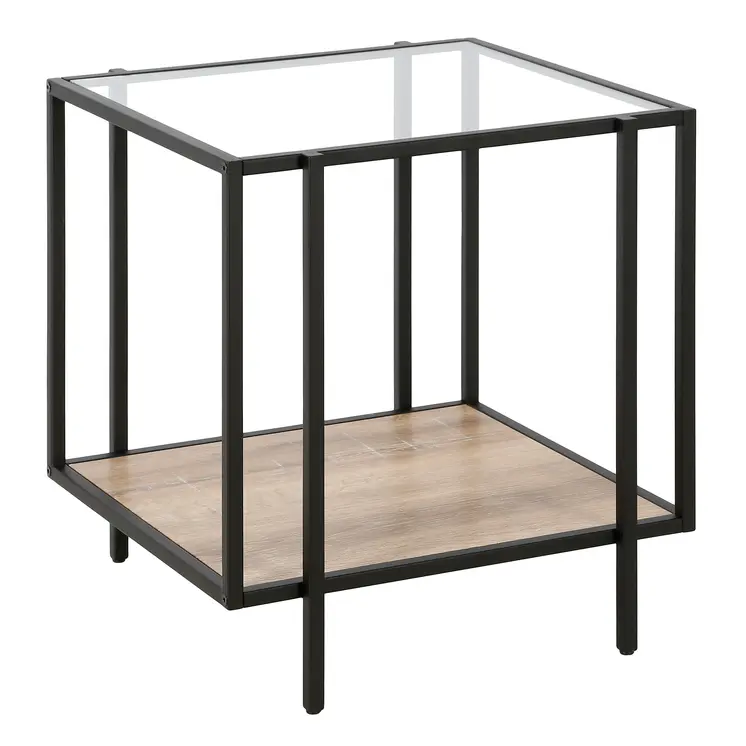 22" Clear Black and Oak Tempered Glass Wood and Metal Square Frame End Table With Shelf