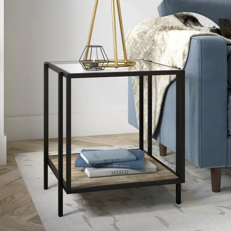 22" Clear Black and Oak Tempered Glass Wood and Metal Square Frame End Table With Shelf