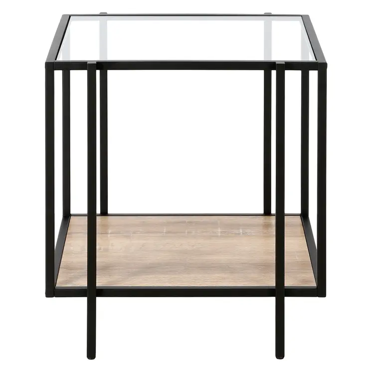 22" Clear Black and Oak Tempered Glass Wood and Metal Square Frame End Table With Shelf