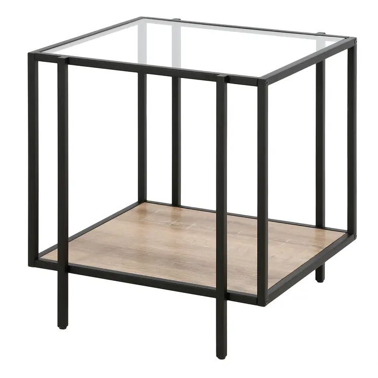 22" Clear Black and Oak Tempered Glass Wood and Metal Square Frame End Table With Shelf