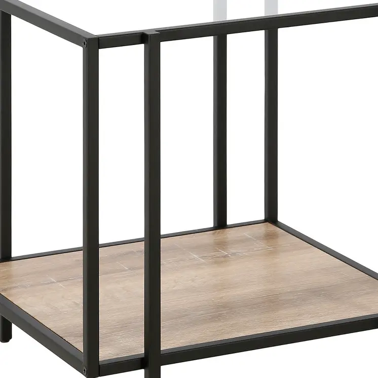 22" Clear Black and Oak Tempered Glass Wood and Metal Square Frame End Table With Shelf