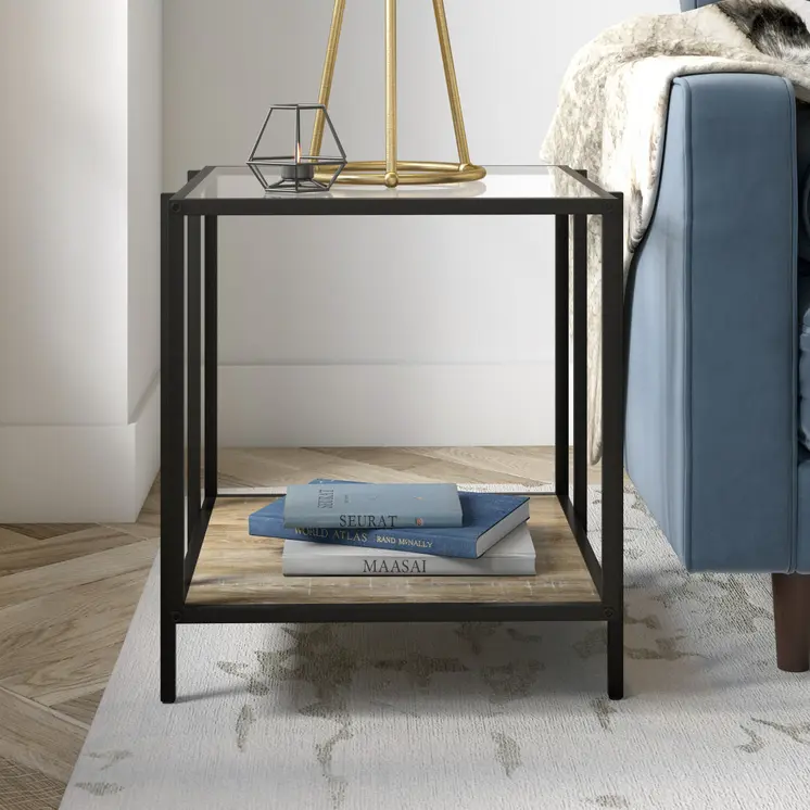 22" Clear Black and Oak Tempered Glass Wood and Metal Square Frame End Table With Shelf