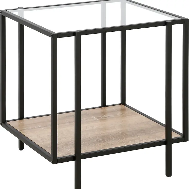 22" Clear Black and Oak Tempered Glass Wood and Metal Square Frame End Table With Shelf