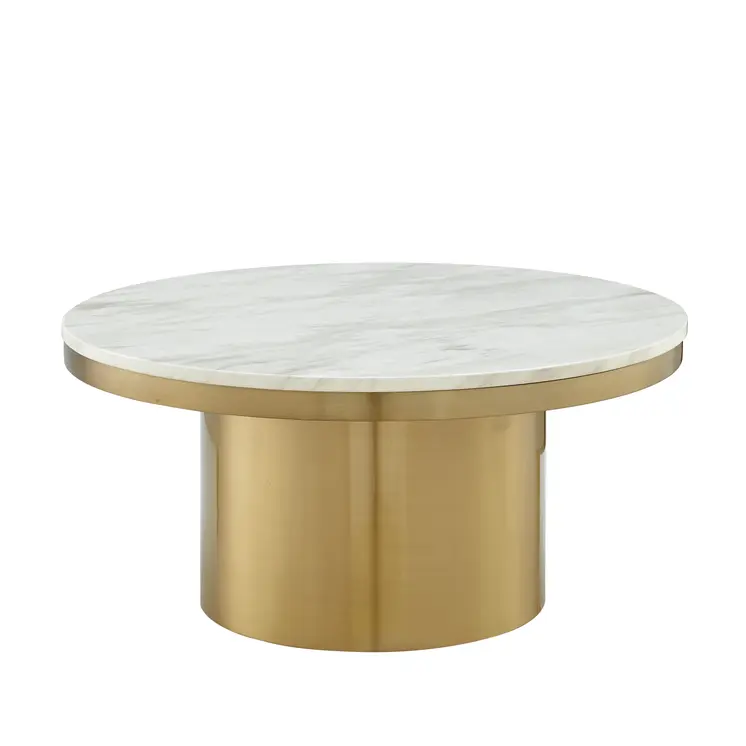 35" White And Gold Genuine Marble And Stainless Steel Round Coffee Table
