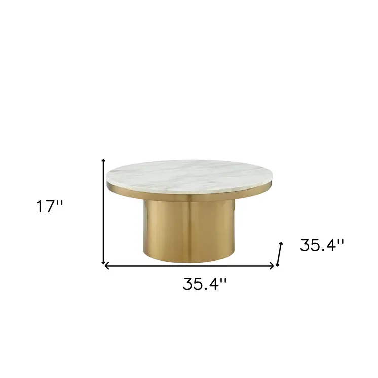 35" White And Gold Genuine Marble And Stainless Steel Round Coffee Table