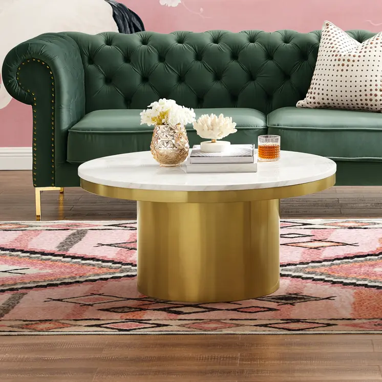 35" White And Gold Genuine Marble And Stainless Steel Round Coffee Table