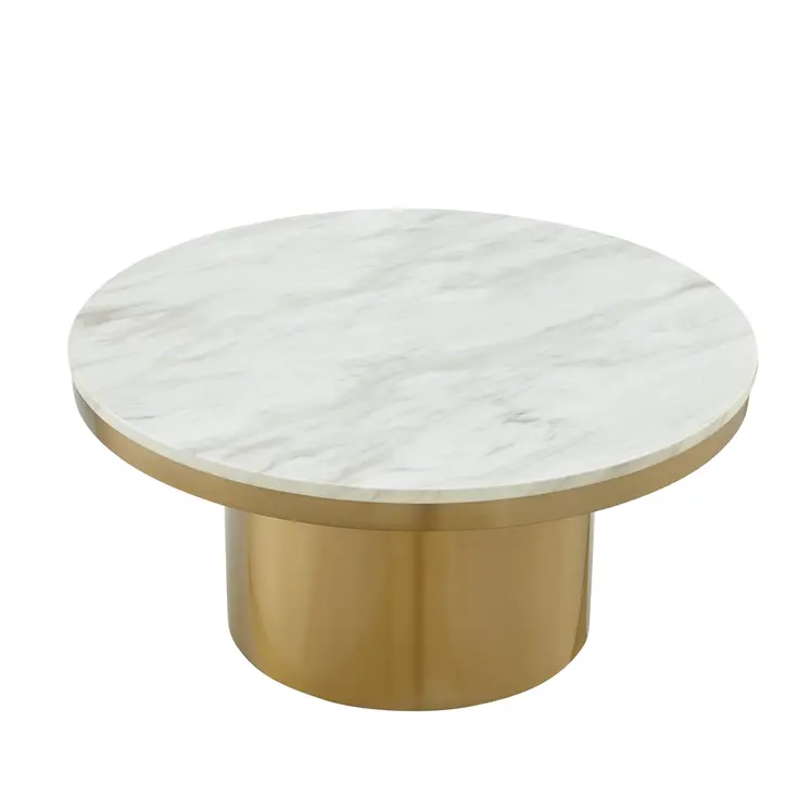 35" White And Gold Genuine Marble And Stainless Steel Round Coffee Table